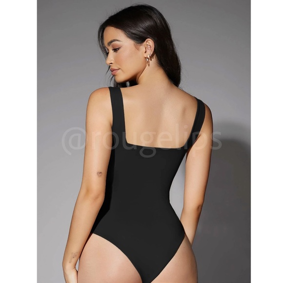 Black Tank Bodysuit Square Neck Slim Fit Stretchy - Picture 3 of 8
